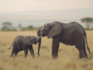 A baby elephant stays close to its protective mother in the vast African savannah, symbolizing family bonds