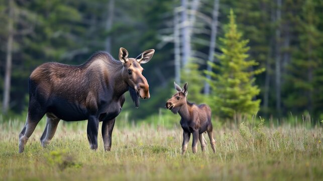 Female moose standing with her cubs on the savanna with pine forest background