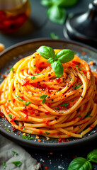 Spaghetti Stack with Tomato Chunks and Basil on Dark Background - 750713119