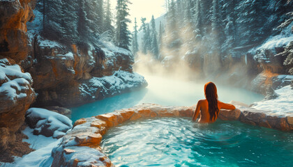 Woman in a thermal pool overlooking a Winter Pine Forest. Hot Spring Pool in spa Alaskan wilderness.