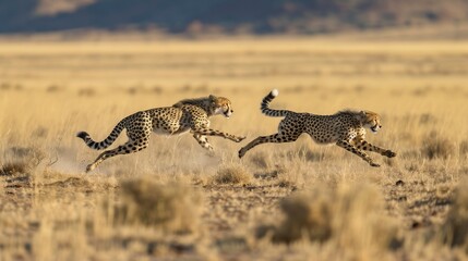 two cheetahs running on the dry savanna