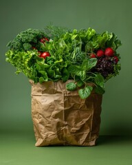 Fresh organic vegetables and fruits in a recycled paper shopping bag on the green background with copy space. Healthy vegan or vegetarian products. Shopping or delivery of healthy food concept.