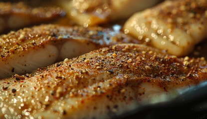 Fish fillets are seasoned with spice mixture before being cooked.