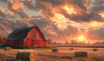 Red barn sits in field at sunset with hay bales scattered around. - obrazy, fototapety, plakaty
