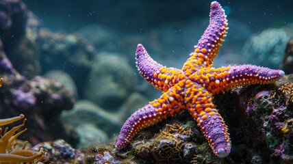 Colorful starfish underwater on coral reef.