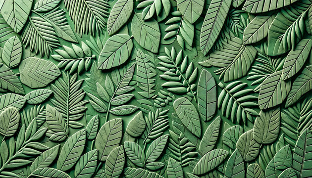 Engraved Leaf Pattern on Green Textured Background.  Leaf Patterns Embossed in Clay