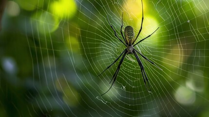 the spider is in the web with dense foliage background, blur background