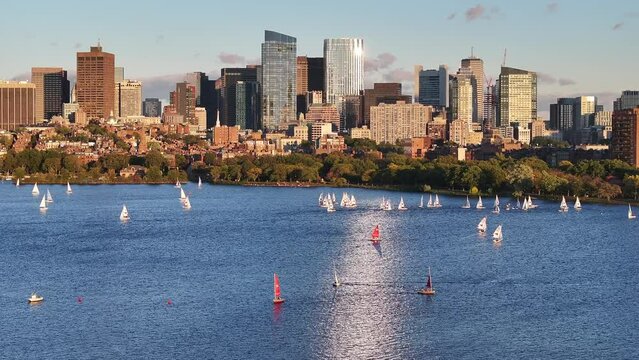 Boston Massachusetts USA downtown city skyline and boat marina on the Charles River