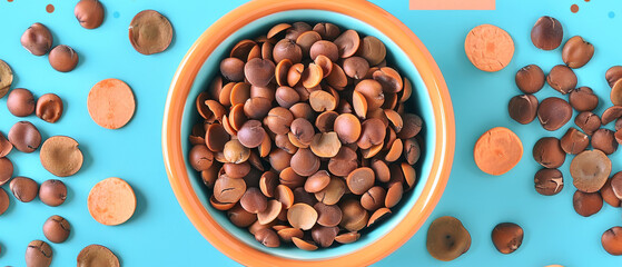 Chocolate lentils in orange bowl on blue background with carrot accents. Flat lay composition with copy space. Snack and dessert concept. Design for banner, poster, wallpaper