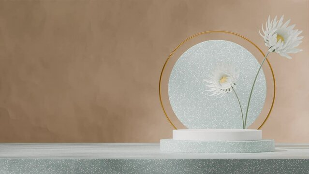gold circle and flower in 3d video rendering of mockup template white and green terrazzo podium seamless loop shadow animation
