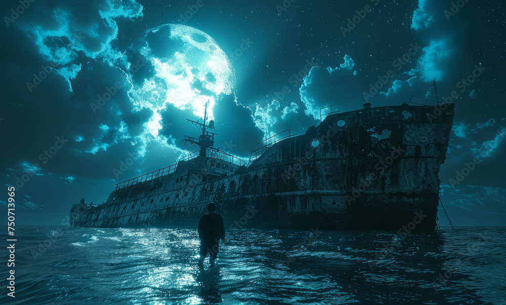 Wall mural Man walking on the water towards the abandoned ship in the middle of the ocean