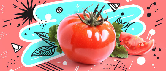 Dynamic banner featuring a ripe tomato on a pop art-inspired coral background, ideal for culinary or lifestyle