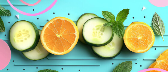 Sliced cucumber and oranges with basil leaves on blue background with pink accents. Healthy food and freshness concept. Design for banner, poster, wallpaper