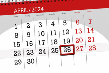 Calendar 2024, deadline, day, month, page, organizer, date, April, friday, number 26