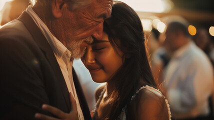 Elderly father hugging sad daughter at wedding.