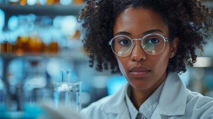 A female scientist conducting a biochemistry experiment in a laboratory.