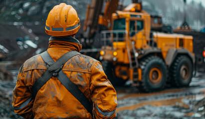 Fotografia miner in helmet looks at the excavator large quarry