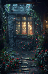 Old house with roses in the garden