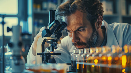 A scientist using a microscope in a lab.