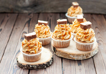 Delicious chocolate cupcakes with peanut butter frosting, chocolate bites and salted caramel sauce...