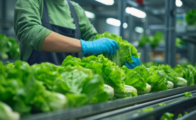 Worker inspects lettuce at factory in China.