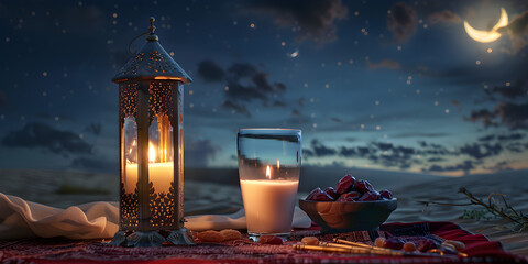 Muslim Holy Month Ramadan Kareem: Ornamental Arabic Lantern with Burning Candle Glowing at Night, Symbolizing Religious Festivity