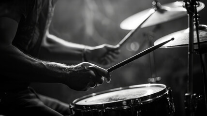 A drummer playing a drum set on stage.