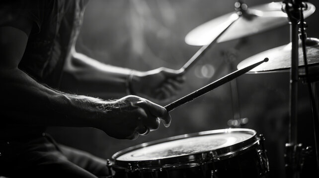 A drummer playing a drum set on stage.
