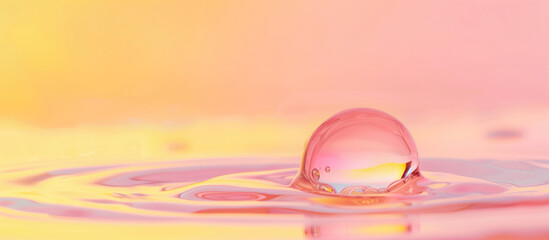 Moisturizer Clear Oil Bubble flothing on thin layer of oil and water in vibrant color ful pink and yellow rose gold background
