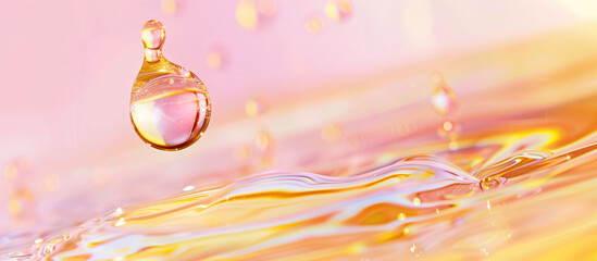 Moisturizer Clear Oil Bubble droplet on thin layer of oil and water in vibrant color ful pink and yellow rose gold background - Powered by Adobe