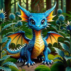 Little dragon in a forest with sea holly plant with flowers