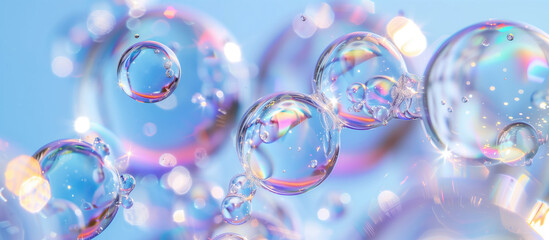Chromatic Bubble inflate each other with mini bubble in it and refraction in vibrant blue and pink purple background