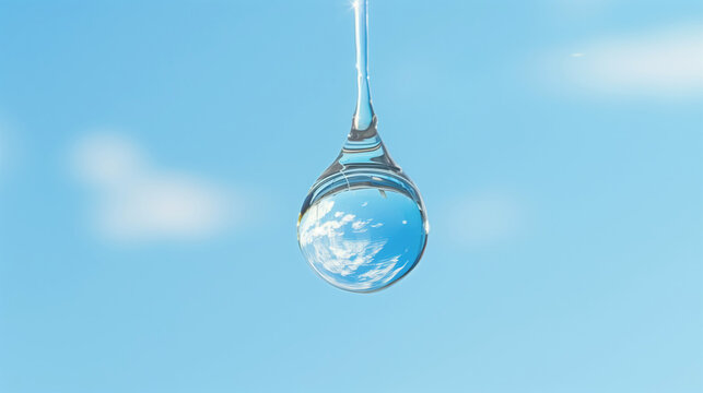 drop of water refraction to the blue sky, bright vibrant background