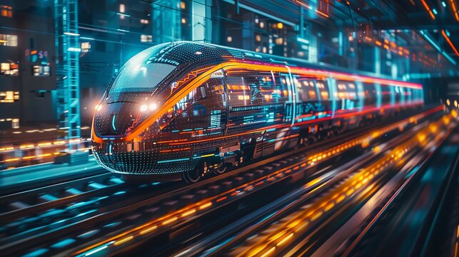 Holographic data overlays on a high-speed maglev train in an industrial park