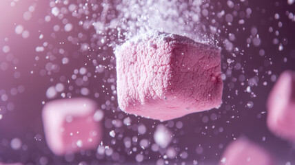 A pile of pink marshmallows levitating.
