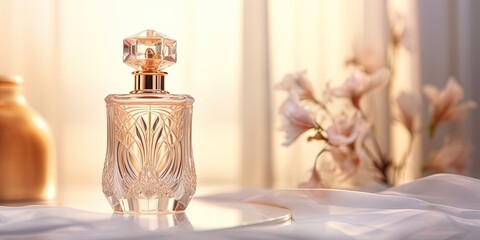 Elegant perfume bottle with intricate facets placed gently against a soft curtain background and natural light - obrazy, fototapety, plakaty