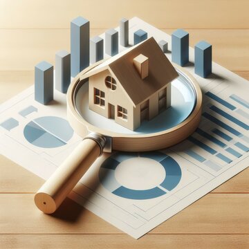 Wooden magnifying glass focusing on a miniature wooden house. Evaluating and Examining Property Value