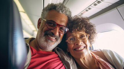 Mixed race middle aged couple travelling by plane, holiday vacation concept. AI Generated content