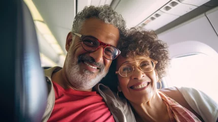 Photo sur Plexiglas Ancien avion Mixed race middle aged couple travelling by plane, holiday vacation concept. AI Generated content