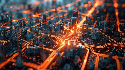 Interactive city grid with glowing traffic nodes and dynamic route planning interface