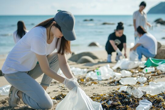 a beach cleanup scene with volunteers collecting plastic waste along the shore