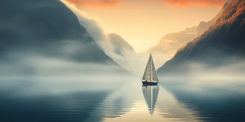 Zelfklevend Fotobehang A dreamy scene featuring a sailboat gliding through a mist-covered fjord during a serene sunrise © Влада Яковенко
