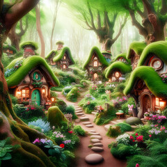 Nestled in an enchanted natural forest, this village boasts home whimsical fairytale cottages surrounded by lush green and blooming flowers - Generative AI