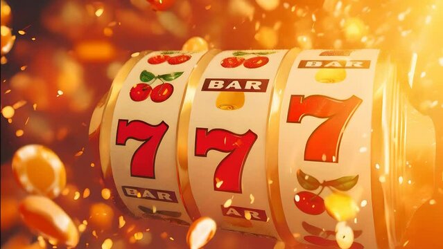 A vibrant slot machine hitting the jackpot, 777, with coins and bright lights exploding in celebration