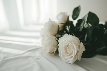 A bouquet of white roses placed on a clean and elegant table, Valentine's Day