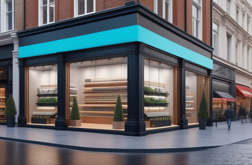 The front of the street shop. street shop, building has classic style and pastel color scheme