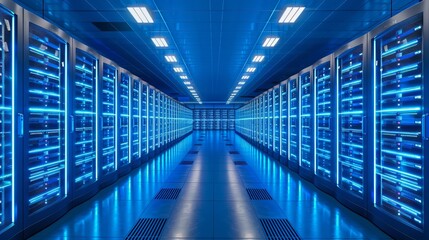 High-tech server room with rows of neatly organized blue storage racks