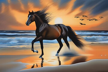 Oil painting of a galloping white horse