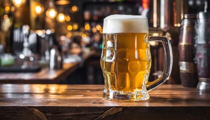 Close-up of a mug of beer on the wooden counter of a bar or pub with a warm golden atmosphere.