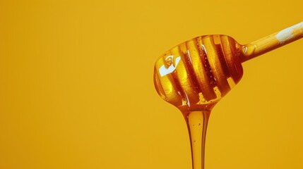 Vivid image of honey dripping from a dipper on a yellow background, symbolizing harmony and sweetness, suitable for culinary arts and healthy food themes, with space for text. - obrazy, fototapety, plakaty